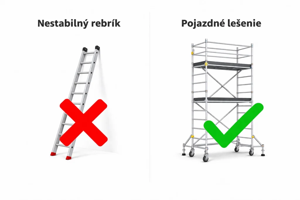 Obrázok s rebríkom, kde je krížik a lešením, kde je checkmark